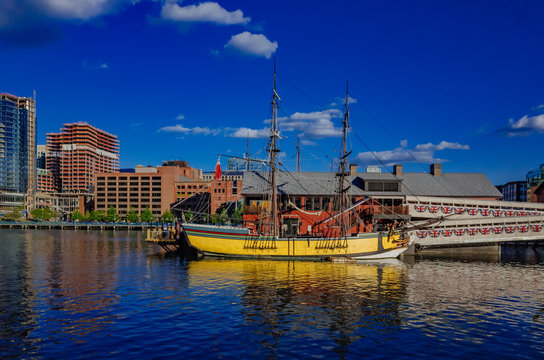 Boston Tea Party Ship & Museum over Fort Point Channel in Boston, USA