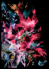 Watercolor bouquet of flowers, Beautiful abstract splash of paint, fashion illustration. Orchid flowers, poppy, cornflower, red, pink, Violet gladiolus, peony, rose, field or garden flowers.