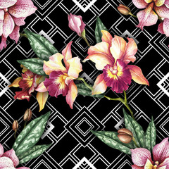 Seamless pattern with watercolor orchid flowers on abstract white black geometric background. - 231117660