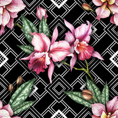 Seamless pattern with watercolor orchid flowers on abstract white black geometric background. - 231117666