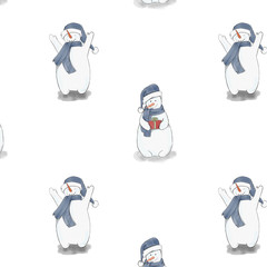 Christmas snowman pattern on white background. Watercolor illustration.