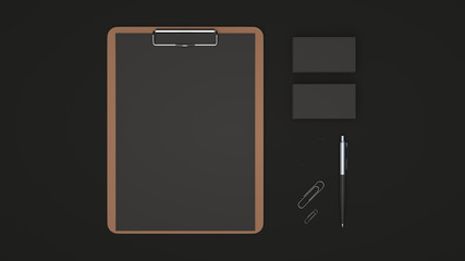Clipboard, business cards, paper clips and pen