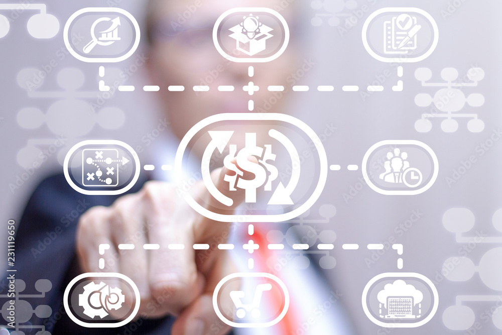Poster financial man push a dollars with round arrows button on a virtual interface. financial technology a