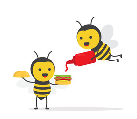 vector illustration character cartoon design cute honey yellow bee mascot holding red hot sauce bottle and burger delicious with in white background