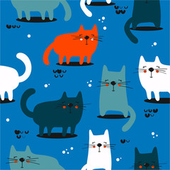 Happy cats, hand drawn backdrop. Colorful seamless pattern with animals. Decorative cute wallpaper, good for printing. Overlapping background vector. Design illustration