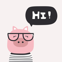Colorful background with happy pig in glasses and english text. Hi! Decorative backdrop vector. Hand drawn poster design, animal. Funny card
