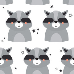 Raccoons, stars, hand drawn backdrop. Colorful seamless pattern with animals. Decorative cute wallpaper, good for printing. Overlapping colored background vector