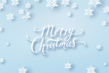 Christmas greeting card with paper snow flakes. Vector xmas or winter blue background and flying snowflakes.