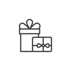 Gift boxes with bow ribbon outline icon. linear style sign for mobile concept and web design. Present box simple line vector icon. Symbol, logo illustration. Pixel perfect vector graphics