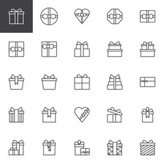 Gift boxes outline icons set. linear style symbols collection, line signs pack. vector graphics. Set includes icons as heart gift box, christmas present box with bow and ribbon, birthday greeting box