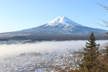 富士吉田の町と富士山