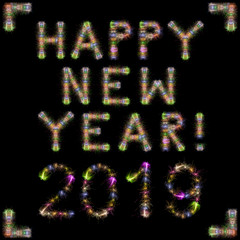 Happy New Year 2019 colorful sparkling fireworks square black sky XXXL