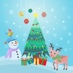 Cute cartoon snowman, reindeer and tree christmas card.