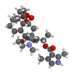 Batrachotoxin (BTX) neurotoxin molecule. Found in number of animals, including poison dart frogs. 3D rendering. Atoms are represented as spheres with conventional color coding.