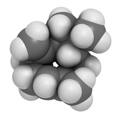 Caryophyllene molecule. Constituent of multiple herbal essential oils, including clove oil. 3D rendering. Atoms are represented as spheres with conventional color coding.