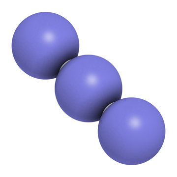 Azide anion, chemical structure. Azide salts are used in detonators and as propellants. 3D rendering. Atoms are represented as spheres with conventional color coding: nitrogen (blue).