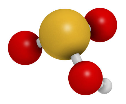 Bisulfite anion, chemical structure. Common salts include sodium bisulfite (E222) and potassium bisulfite (E228), used as food preservatives. 3D rendering. Atoms are represented as spheres.