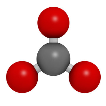 Carbonate anion, chemical structure. 3D rendering. Atoms are represented as spheres with conventional color coding: carbon (grey), oxygen (red).