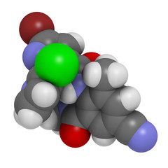 Cyantraniliprole insecticide molecule (ryanoid class). 3D rendering. Atoms are represented as spheres with conventional color coding: hydrogen (white), carbon (grey), oxygen (red), etc