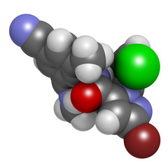 Cyantraniliprole insecticide molecule (ryanoid class). 3D rendering. Atoms are represented as spheres with conventional color coding: hydrogen (white), carbon (grey), oxygen (red), etc