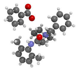 Denatonium benzoate bittering agent. 3D rendering. Atoms are represented as spheres with conventional color coding: hydrogen (white), carbon (grey), oxygen (red), nitrogen (blue).