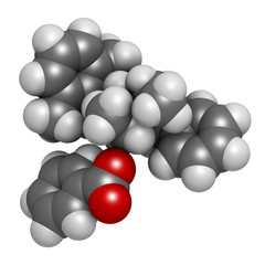 Denatonium benzoate bittering agent. 3D rendering. Atoms are represented as spheres with conventional color coding: hydrogen (white), carbon (grey), oxygen (red), nitrogen (blue).