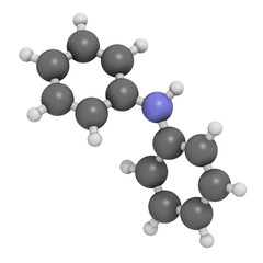 Diphenylamine antioxidant molecule. Used to prevent apple scald.  3D rendering. Atoms are represented as spheres with conventional color coding: hydrogen (white), carbon (grey), nitrogen (blue).