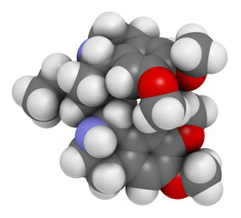 Emetine molecule. Has emetic (induces vomiting) and anti-protozoal properties. 3D rendering. Atoms are represented as spheres with conventional color coding: hydrogen (white), etc