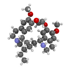Emetine molecule. Has emetic (induces vomiting) and anti-protozoal properties. 3D rendering. Atoms are represented as spheres with conventional color coding: hydrogen (white), etc