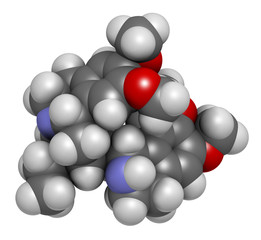 Emetine molecule. Has emetic (induces vomiting) and anti-protozoal properties. 3D rendering. Atoms are represented as spheres with conventional color coding: hydrogen (white), etc