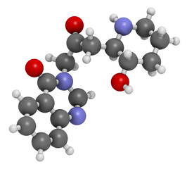 Febrifugine alkaloid molecule, first isolated from Dichroa febrifuga. 3D rendering. Atoms are represented as spheres with conventional color coding.