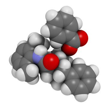 Denatonium benzoate bittering agent. 3D rendering. Atoms are represented as spheres with conventional color coding: hydrogen (white), carbon (grey), oxygen (red), nitrogen (blue).