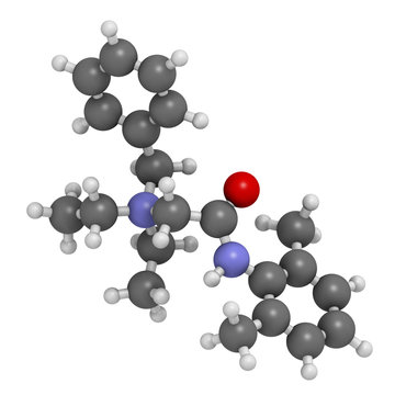 Denatonium bittering agent molecule. 3D rendering. Atoms are represented as spheres with conventional color coding: hydrogen (white), carbon (grey), oxygen (red), nitrogen (blue).