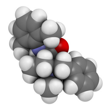 Denatonium bittering agent molecule. 3D rendering. Atoms are represented as spheres with conventional color coding: hydrogen (white), carbon (grey), oxygen (red), nitrogen (blue).