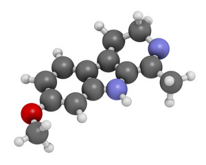 Harmaline indole alkaloid molecule. Found in Syrian rue (Peganum harmala). 3D rendering. Atoms are represented as spheres with conventional color coding.