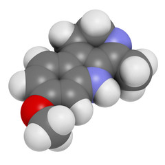 Harmaline indole alkaloid molecule. Found in Syrian rue (Peganum harmala). 3D rendering. Atoms are represented as spheres with conventional color coding.