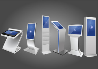 Six Promotional Interactive Information Kiosk, Advertising Display, Terminal Stand, Touch Screen Display. Mock Up Template.