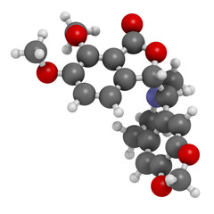 Hydrastine herbal alkaloid molecule, found in Hydrastis canadensis (goldenseal). 3D rendering. Atoms are represented as spheres with conventional color coding.