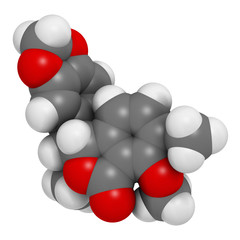 Hydrastine herbal alkaloid molecule, found in Hydrastis canadensis (goldenseal). 3D rendering. Atoms are represented as spheres with conventional color coding.