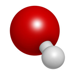 Hydroxide anion, chemical structure. 3D rendering. Atoms are represented as spheres with conventional color coding: hydrogen (white), oxygen (red).