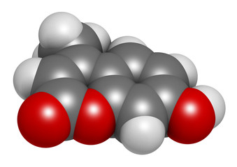 Hymecromone drug molecule. 3D rendering. Atoms are represented as spheres with conventional color coding: hydrogen (white), carbon (grey), oxygen (red).