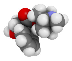 Hyoscyamine alkaloid molecule. Herbal sources include henbane, mandrake, jimsonweed, deadly nightshade and tomato. 3D rendering. Atoms are represented as spheres with conventional color.