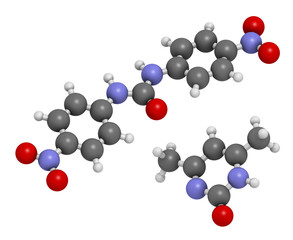 Nicarbazin coccidiostat mixture.  3D rendering. Atoms are represented as spheres with conventional color coding: hydrogen (white), carbon (grey), oxygen (red), nitrogen (blue).