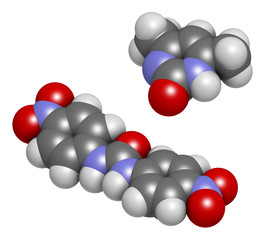 Nicarbazin coccidiostat mixture.  3D rendering. Atoms are represented as spheres with conventional color coding: hydrogen (white), carbon (grey), oxygen (red), nitrogen (blue).