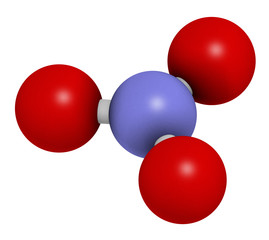 Nitrate anion, chemical structure. 3D rendering. Atoms are represented as spheres with conventional color coding: nitrogen (blue), oxygen (red).