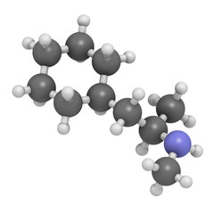 Propylhexedrine molecule. Used as nasal decongestant and stimulant. 3D rendering. Atoms are represented as spheres with conventional color coding: hydrogen (white), carbon (grey), nitrogen (blue).