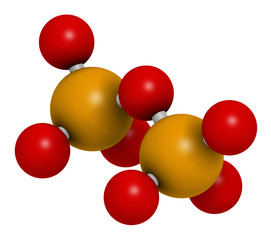 Pyrophosphate (PPi) anion. Important in biochemistry, used as food additive (E450). 3D rendering. Atoms are represented as spheres with conventional color coding: phosphorus (orange), oxygen (red).