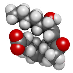 Prostaglandin D2 (PGD2) molecule. 3D rendering. Atoms are represented as spheres with conventional color coding: hydrogen (white), carbon (grey), oxygen (red).