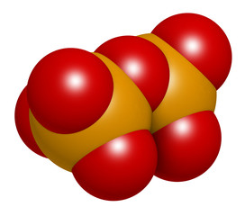 Pyrophosphate (PPi) anion. Important in biochemistry, used as food additive (E450). 3D rendering. Atoms are represented as spheres with conventional color coding: phosphorus (orange), oxygen (red).