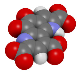Pyrroloquinoline quinone (PQQ) redox cofactor molecule. 3D rendering. Atoms are represented as spheres with conventional color coding: hydrogen (white), carbon (grey), oxygen (red), nitrogen (blue).
